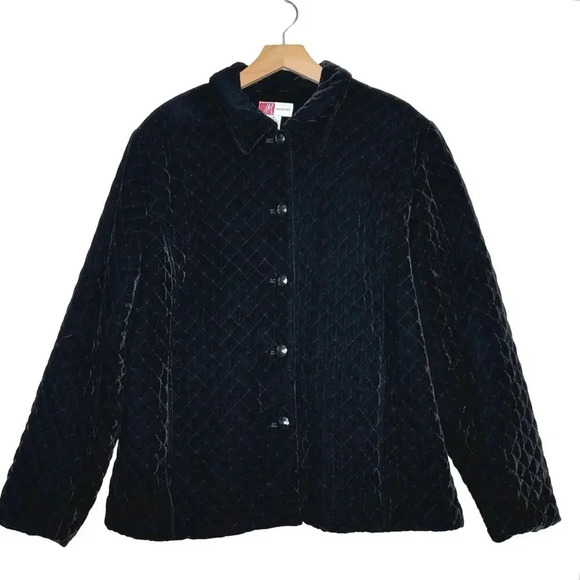 JM Collection Sz 18 Black Quilted Velvet Jacket Pockets Button Up Utility Lined - Picture 2 of 5